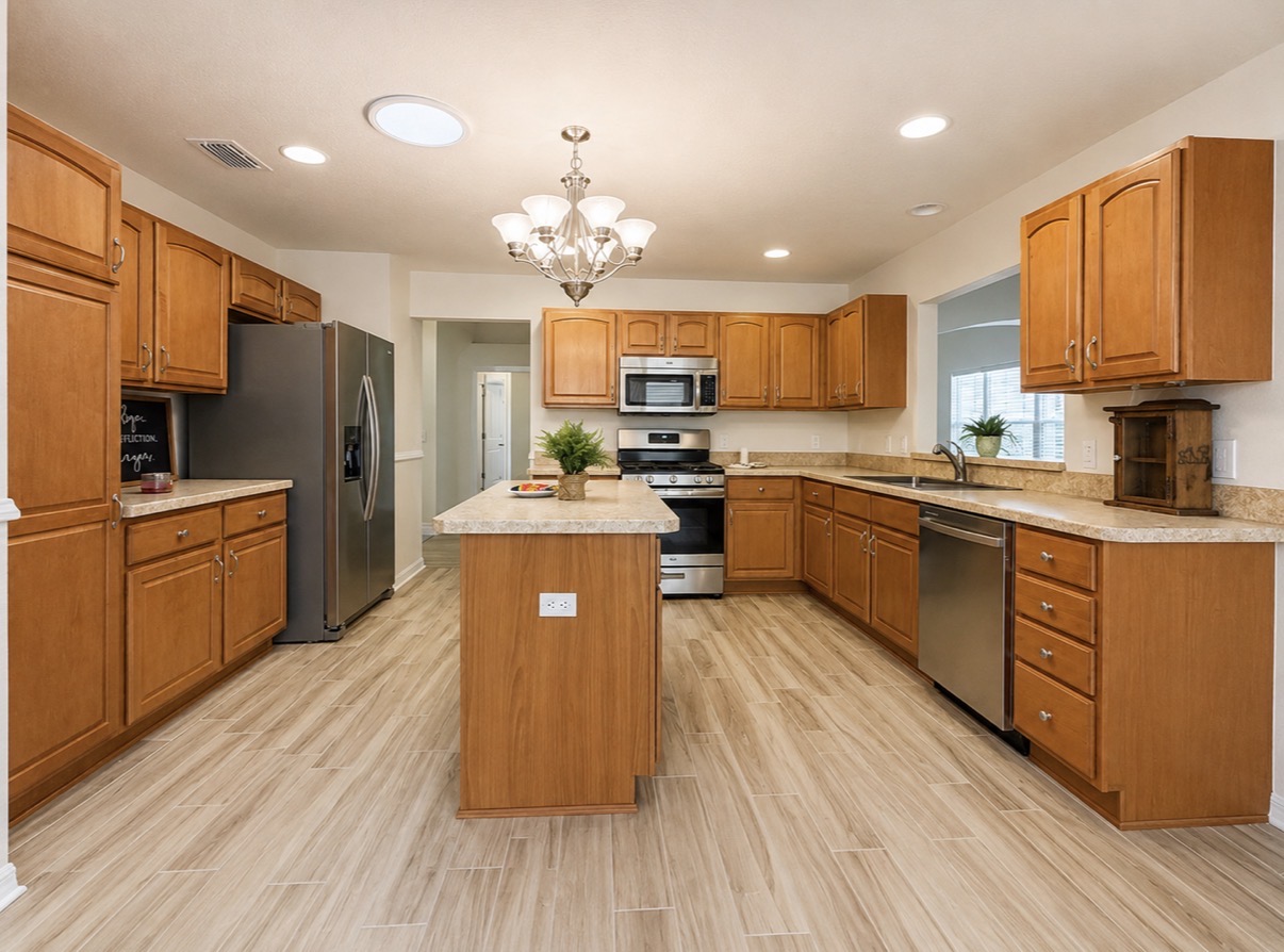 Traditional kitchen with oak cabinets and center island