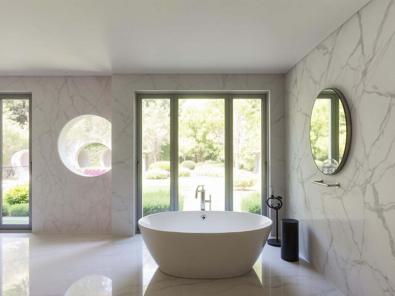 Spa-style primary bathroom with freestanding tub