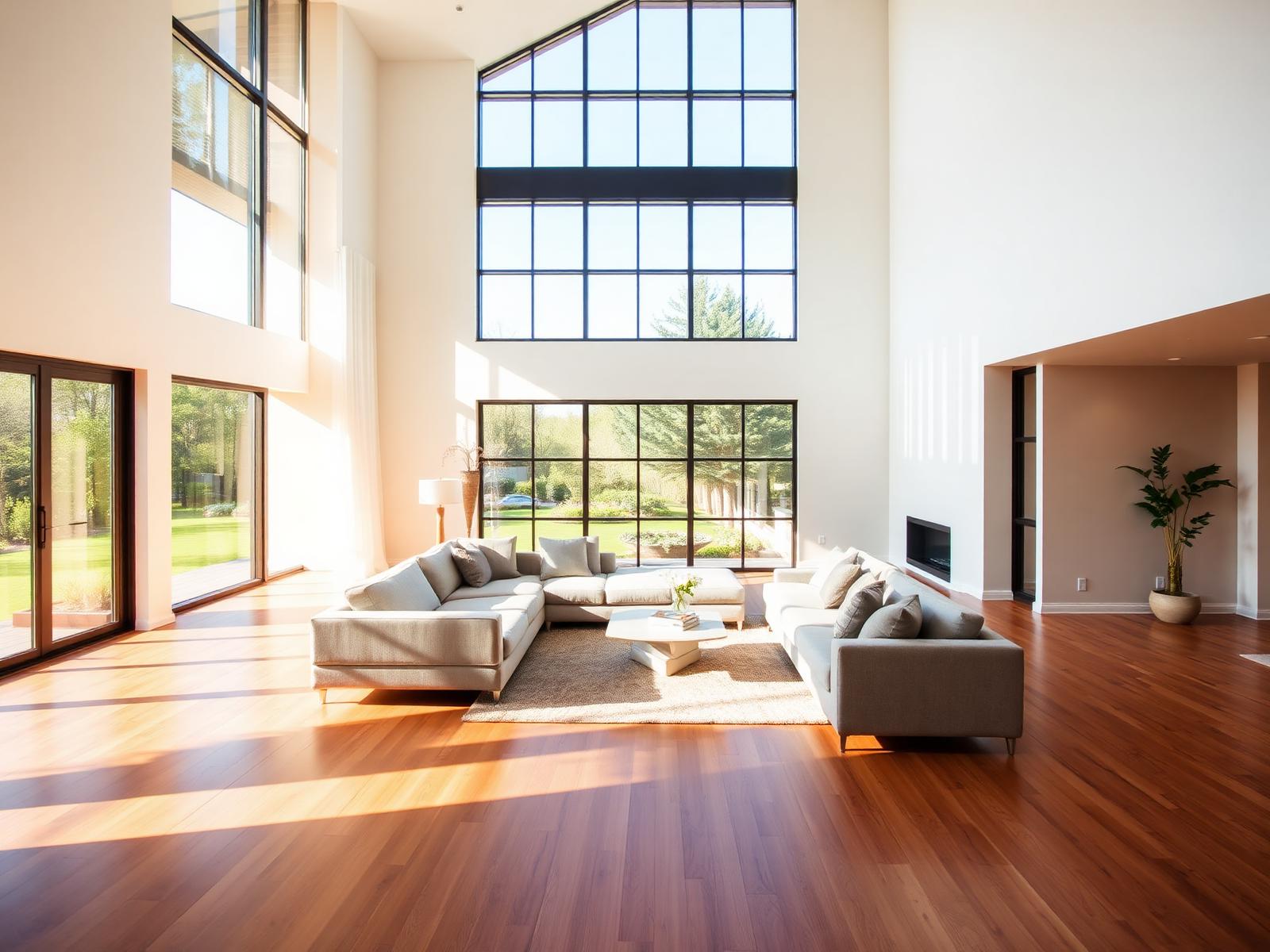 Open-concept living room with ocean view and modern furniture