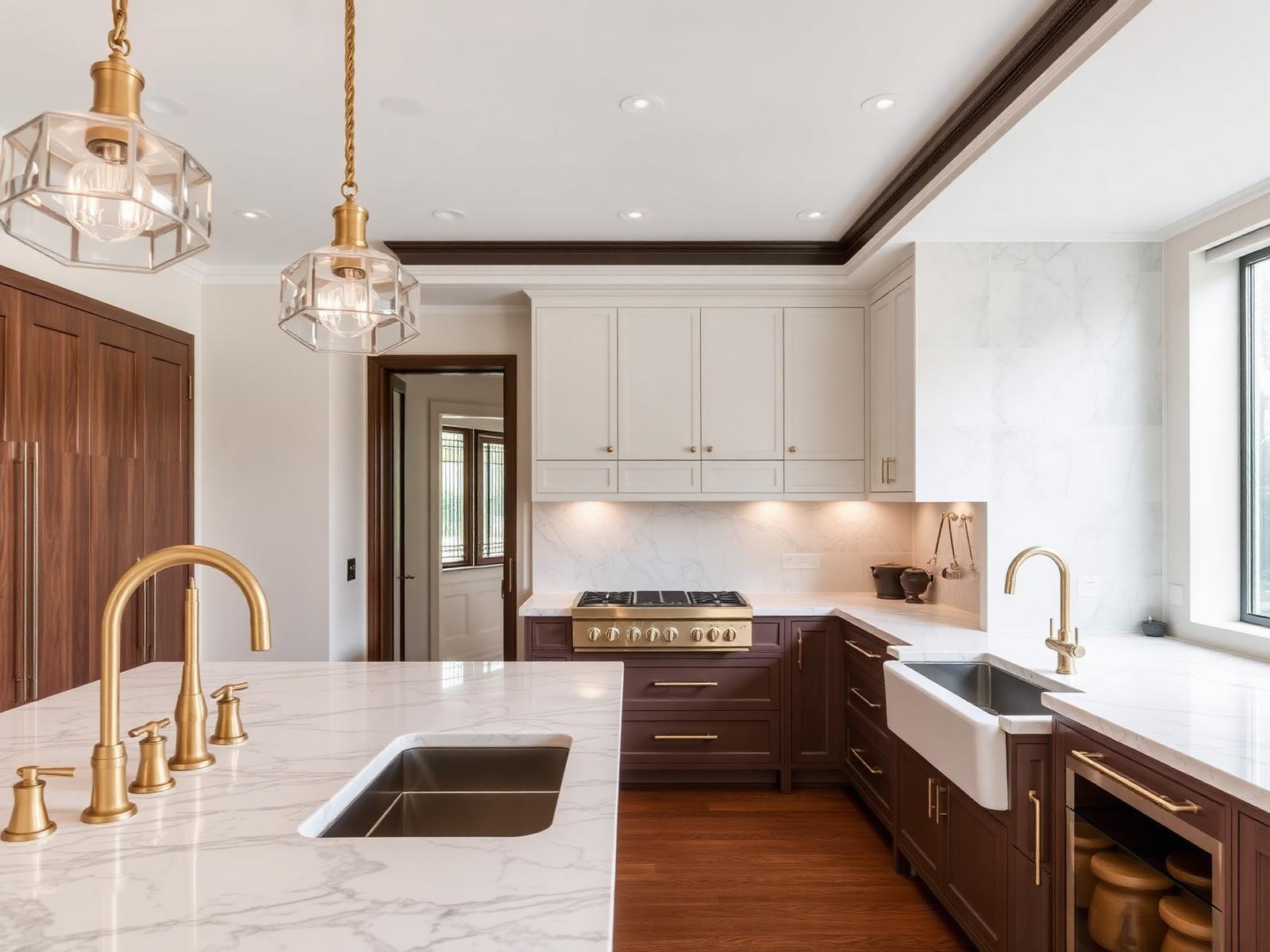 Chef's kitchen with marble island and stainless appliances